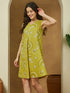 Janasya Women's Olive Green Pure Cotton Abstract Printed A-line Dress